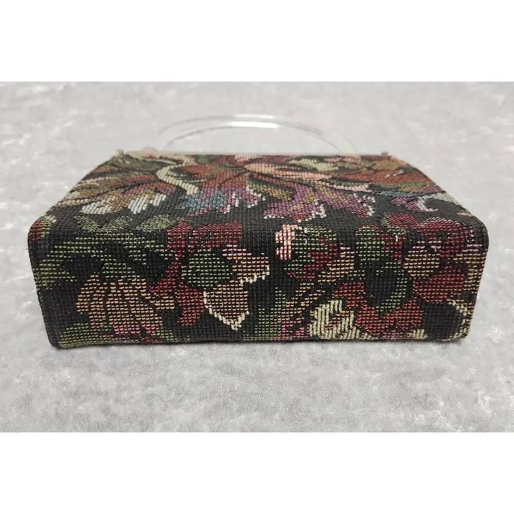 Vintage Multicolor Floral Tapestry Purse Lucite Handle Convertible Bag
